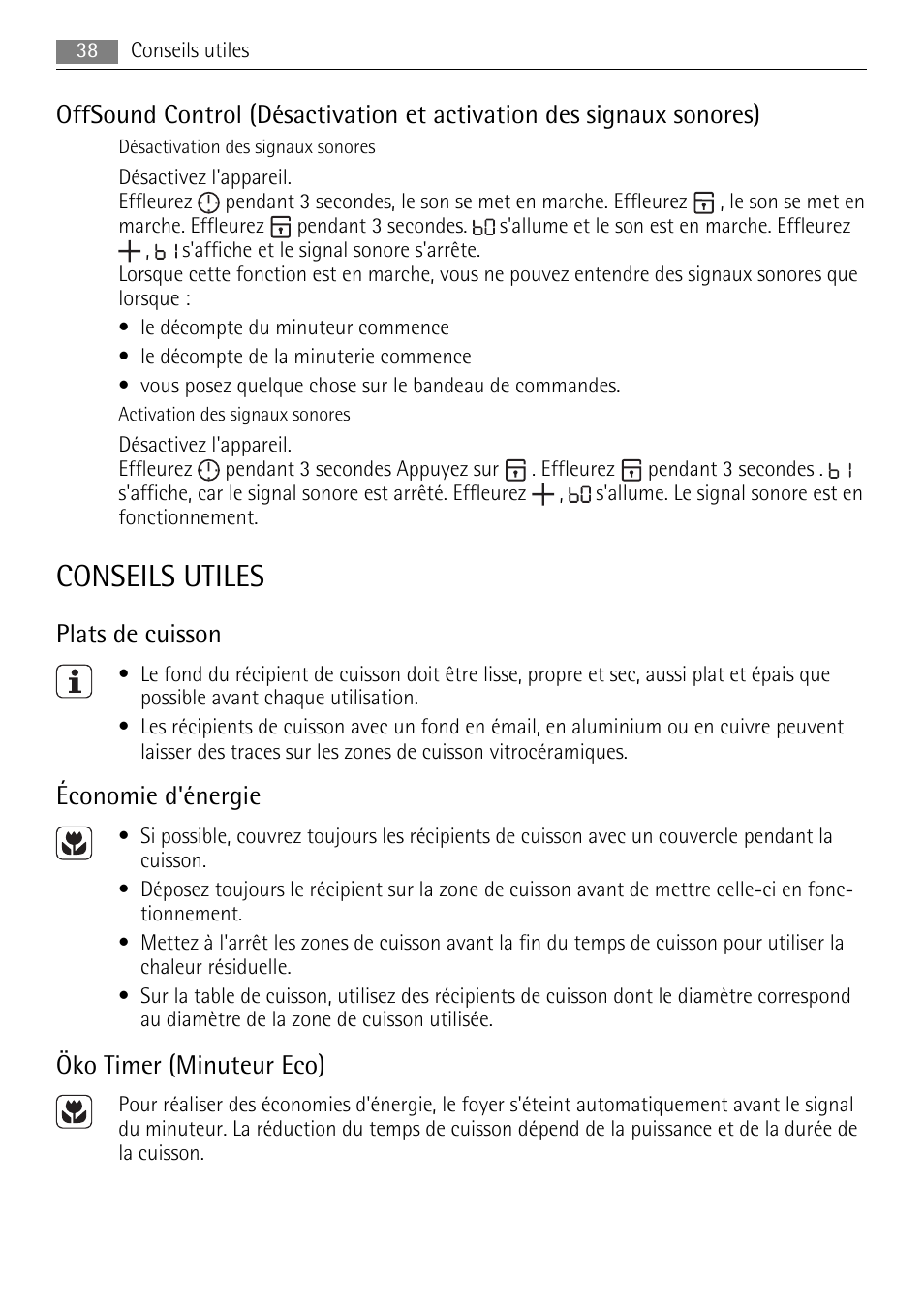 Conseils utiles, Plats de cuisson, Économie d'énergie | Öko timer (minuteur eco) | AEG HE604078XB User Manual | Page 38 / 72