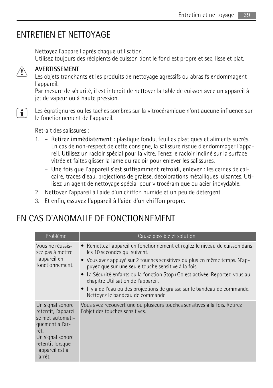 Entretien et nettoyage, En cas d'anomalie de fonctionnement | AEG HE604078XB User Manual | Page 39 / 72