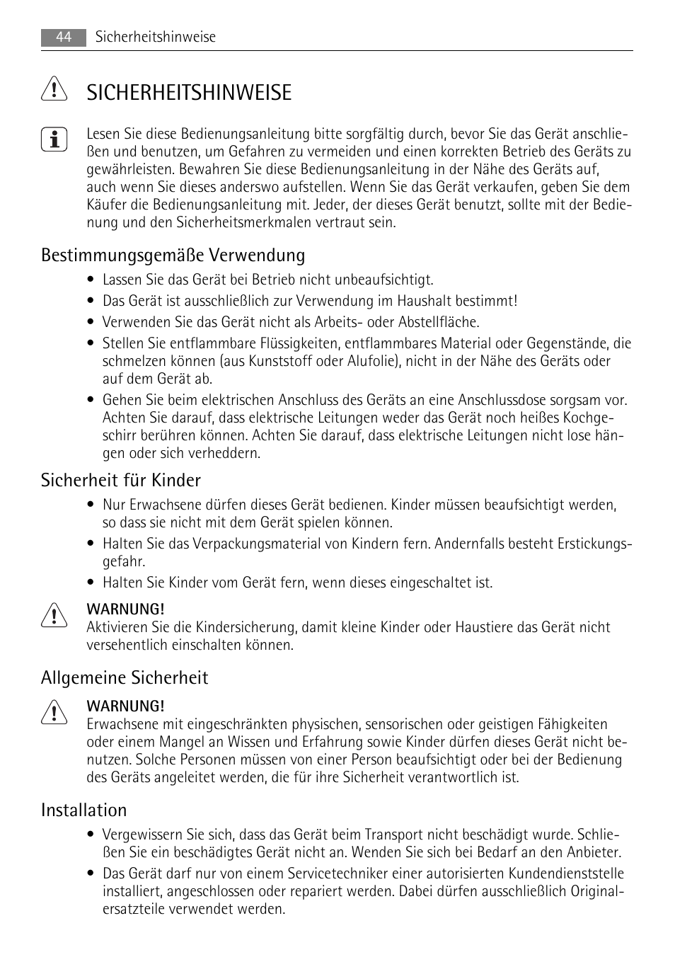 Sicherheitshinweise, Bestimmungsgemäße verwendung, Sicherheit für kinder | Allgemeine sicherheit, Installation | AEG HE604078XB User Manual | Page 44 / 72