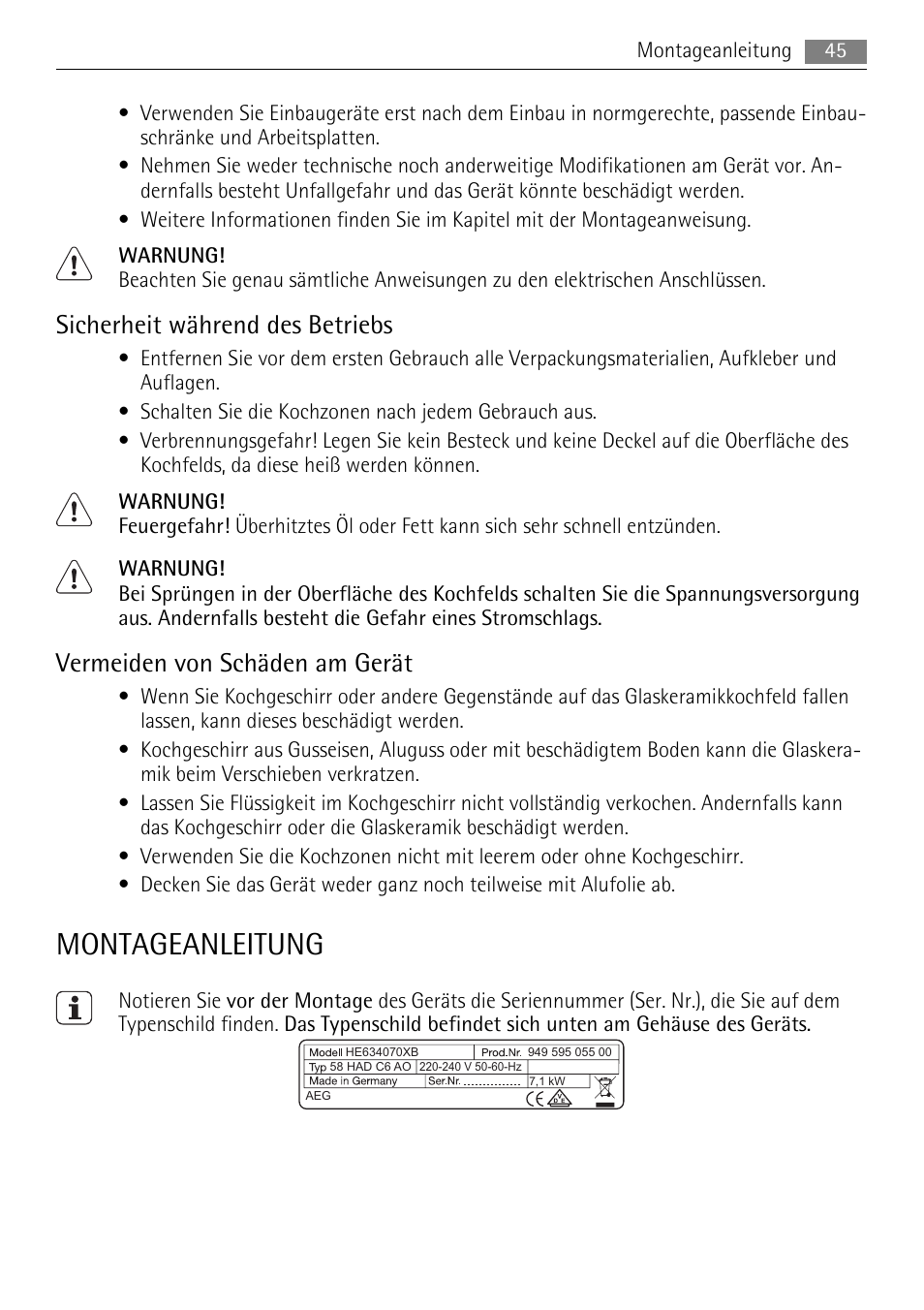 Montageanleitung, Sicherheit während des betriebs, Vermeiden von schäden am gerät | AEG HE604078XB User Manual | Page 45 / 72