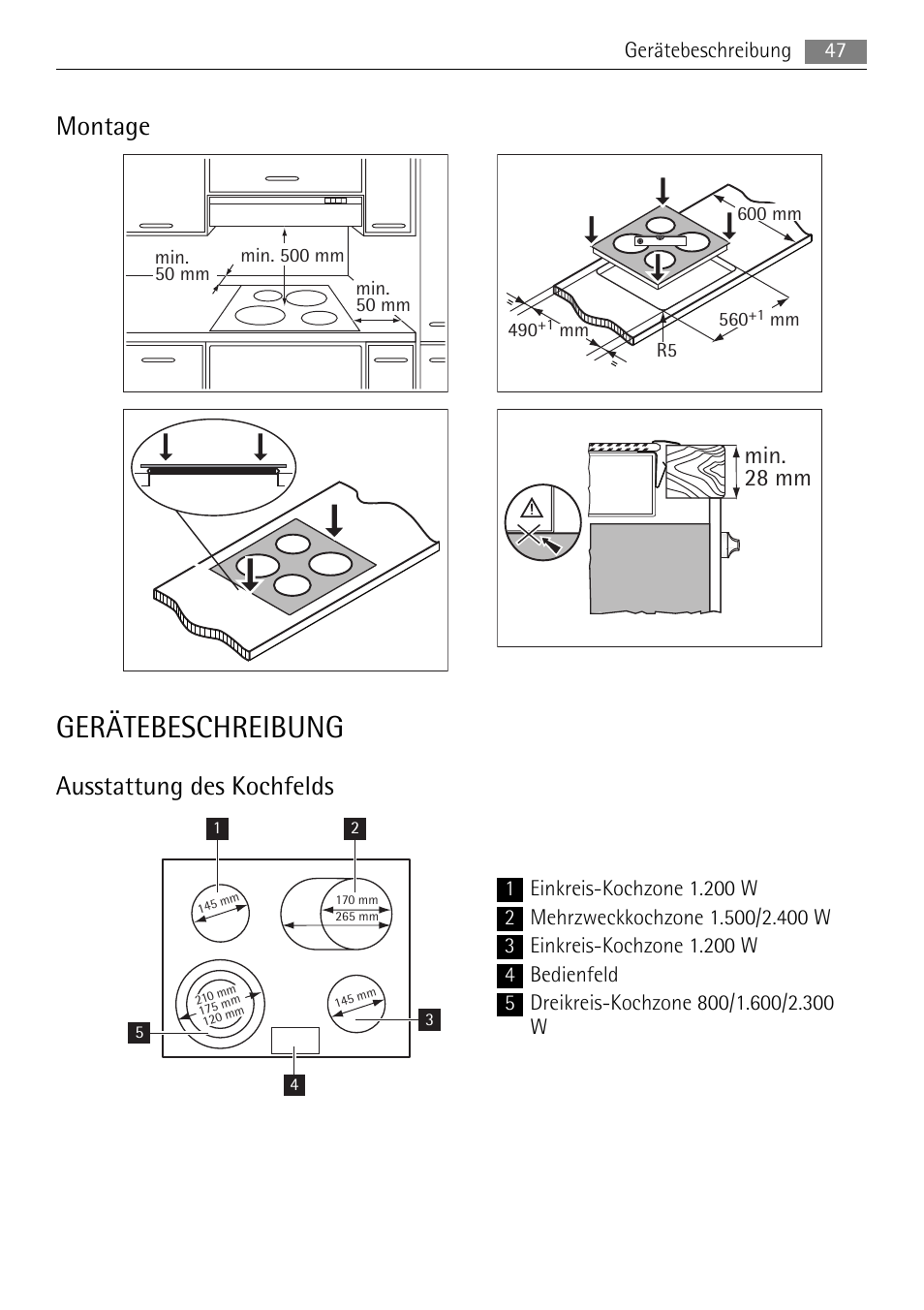 Gerätebeschreibung, Montage, Ausstattung des kochfelds | Min. 28 mm | AEG HE604078XB User Manual | Page 47 / 72