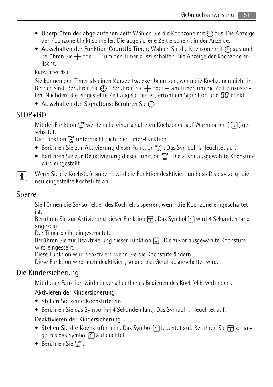 Stop+go, Sperre, Die kindersicherung | AEG HE604078XB User Manual | Page 51 / 72