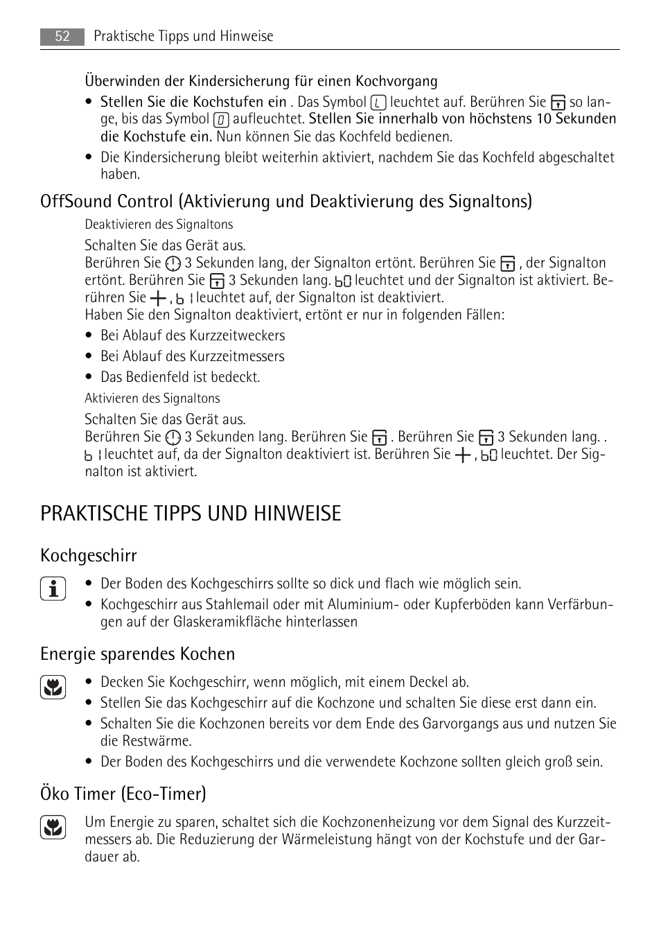 Praktische tipps und hinweise, Kochgeschirr, Energie sparendes kochen | Öko timer (eco-timer) | AEG HE604078XB User Manual | Page 52 / 72