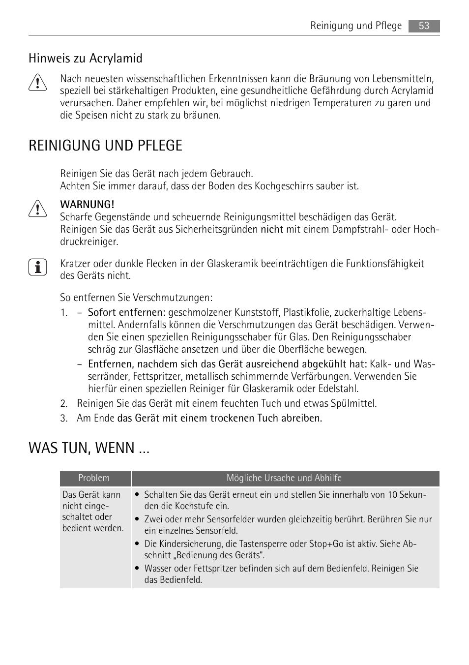 Reinigung und pflege, Was tun, wenn, Hinweis zu acrylamid | AEG HE604078XB User Manual | Page 53 / 72