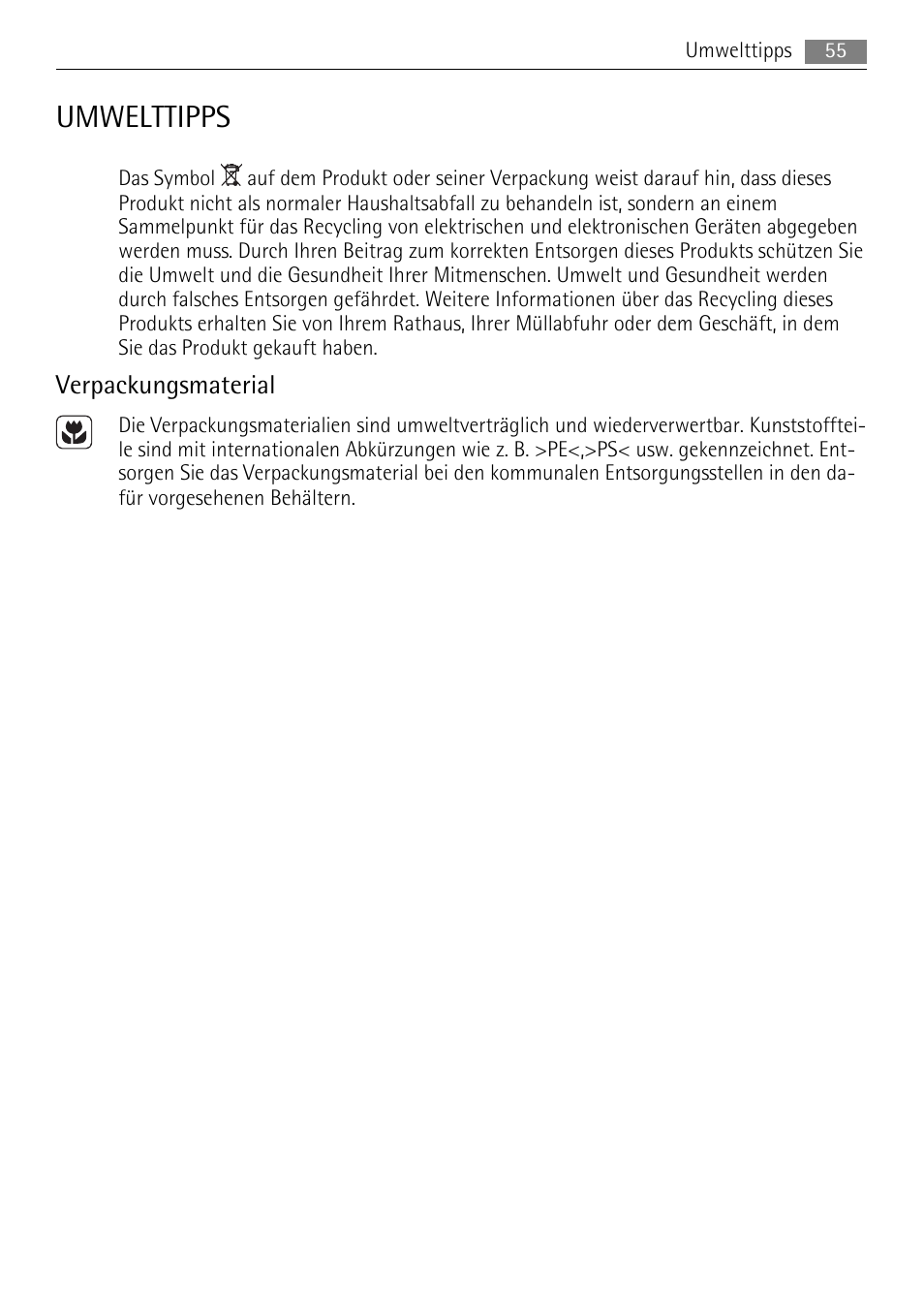 Umwelttipps, Verpackungsmaterial | AEG HE604078XB User Manual | Page 55 / 72