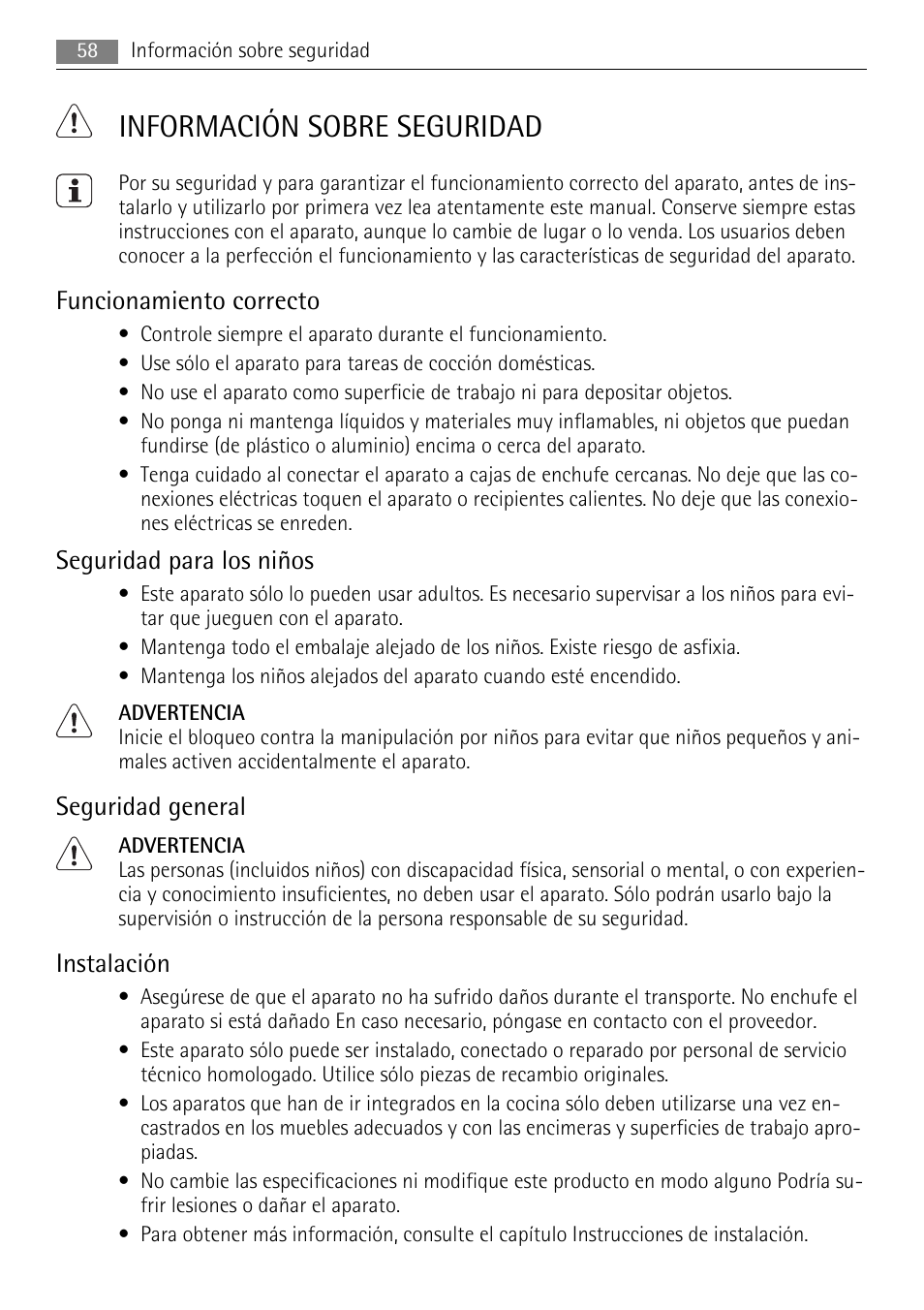 Información sobre seguridad, Funcionamiento correcto, Seguridad para los niños | Seguridad general, Instalación | AEG HE604078XB User Manual | Page 58 / 72