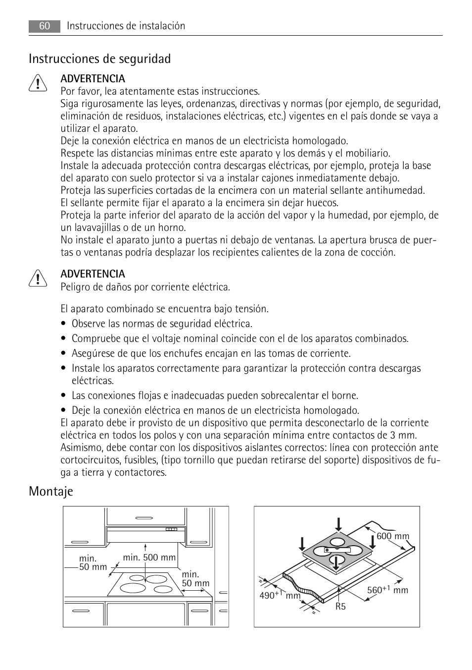 Instrucciones de seguridad, Montaje | AEG HE604078XB User Manual | Page 60 / 72