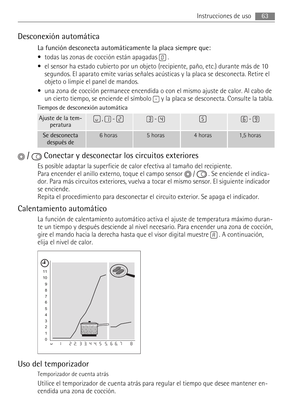 Desconexión automática, Conectar y desconectar los circuitos exteriores, Calentamiento automático | Uso del temporizador | AEG HE604078XB User Manual | Page 63 / 72