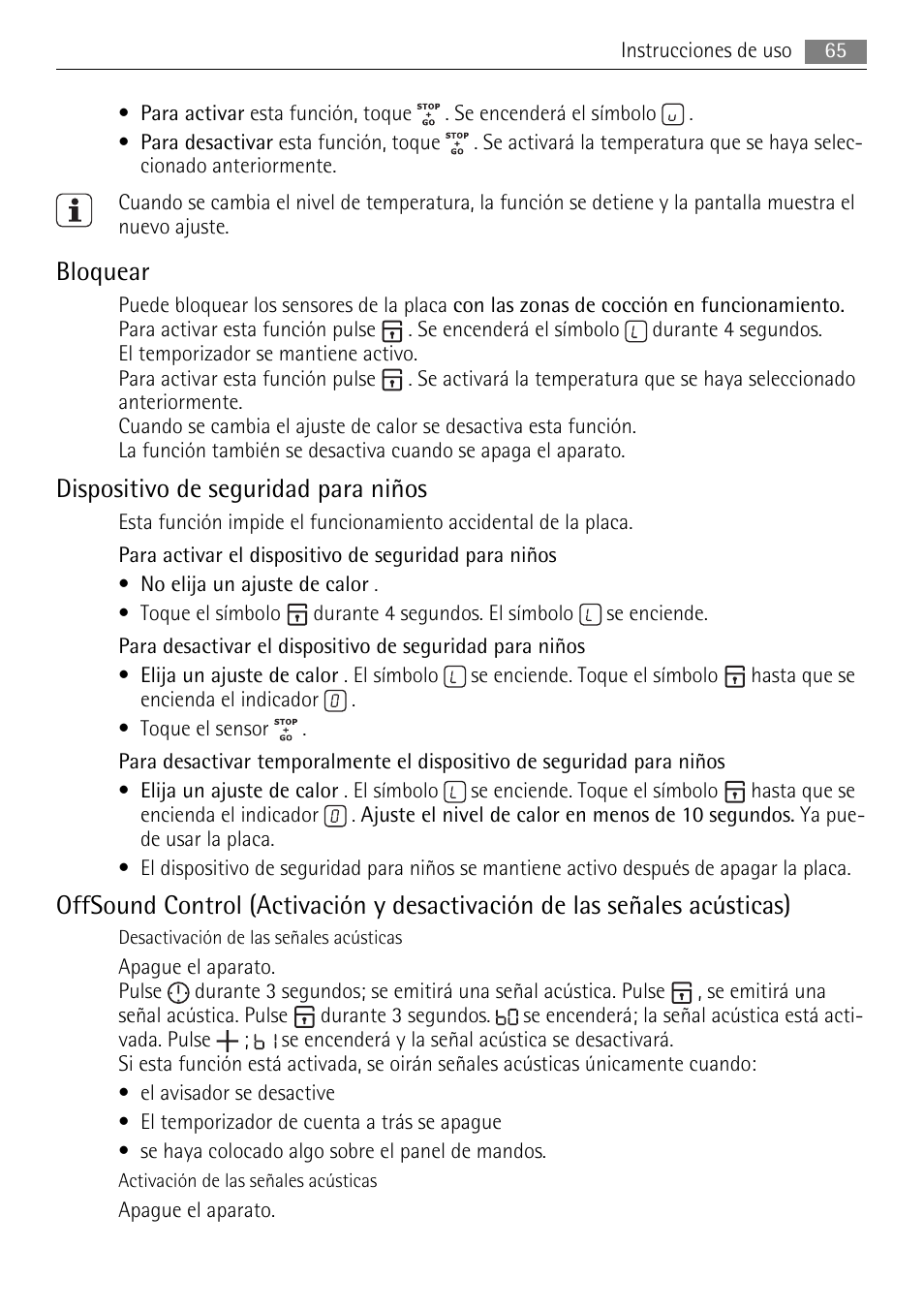 Bloquear, Dispositivo de seguridad para niños | AEG HE604078XB User Manual | Page 65 / 72