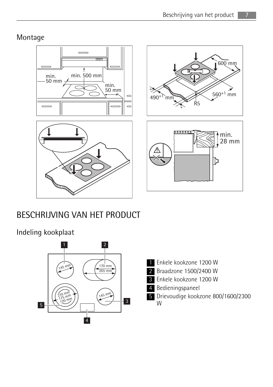 Beschrijving van het product, Montage, Indeling kookplaat | Min. 28 mm | AEG HE604078XB User Manual | Page 7 / 72