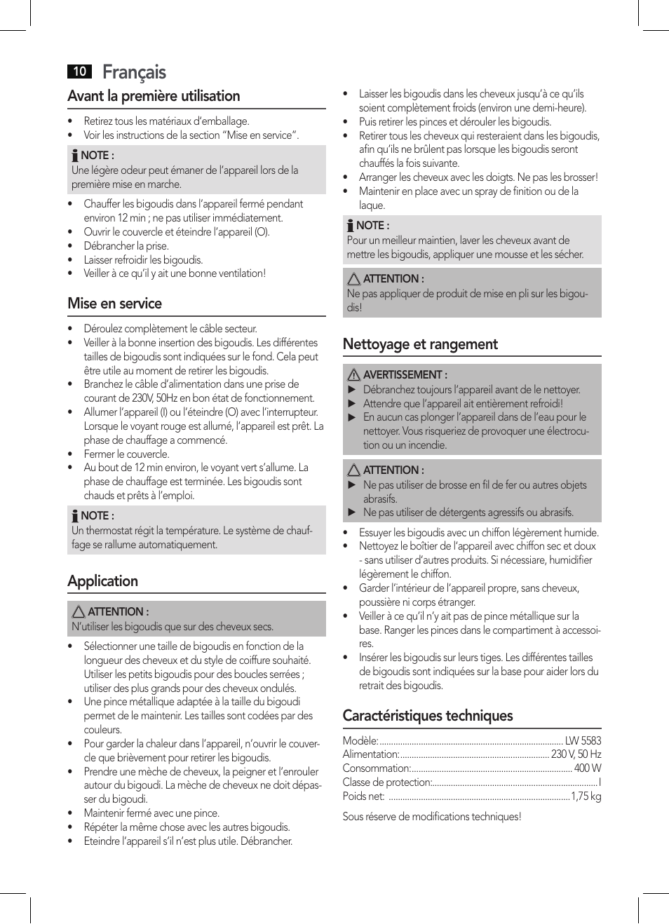 Français, Avant la première utilisation, Mise en service | Application, Nettoyage et rangement, Caractéristiques techniques | AEG LW 5583 User Manual | Page 10 / 36