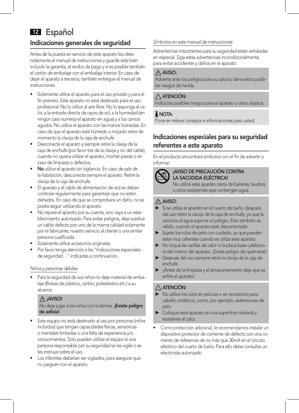 Español, Indicaciones generales de seguridad | AEG LW 5583 User Manual | Page 12 / 36