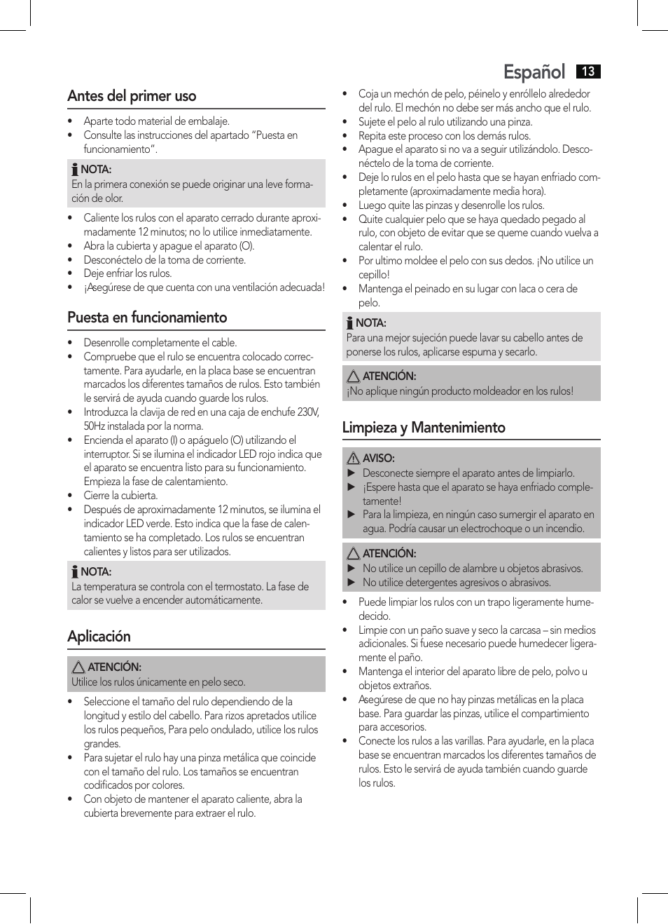 Español, Antes del primer uso, Puesta en funcionamiento | Aplicación, Limpieza y mantenimiento | AEG LW 5583 User Manual | Page 13 / 36