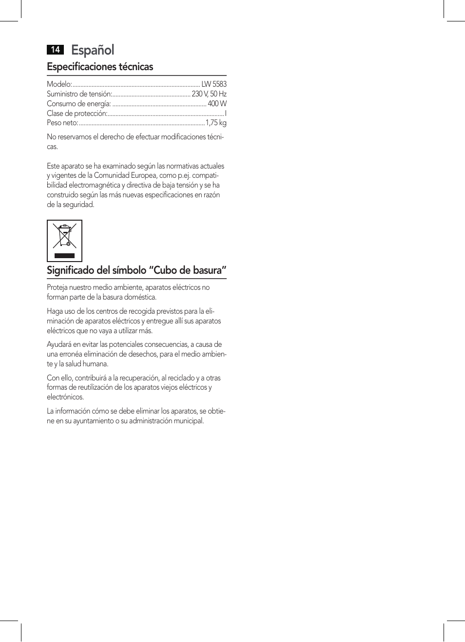 Español | AEG LW 5583 User Manual | Page 14 / 36