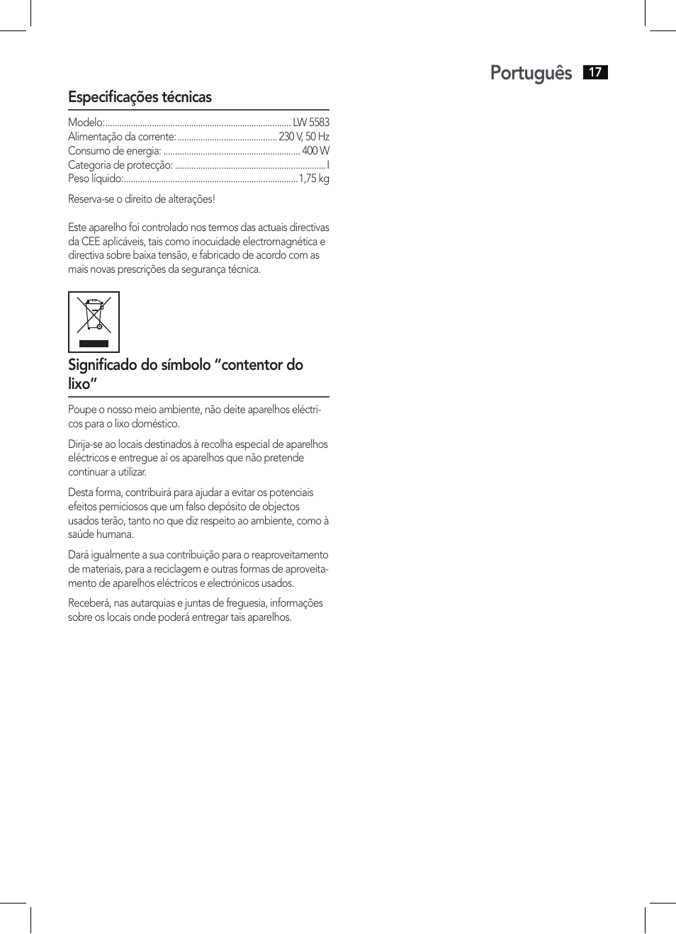 Português | AEG LW 5583 User Manual | Page 17 / 36