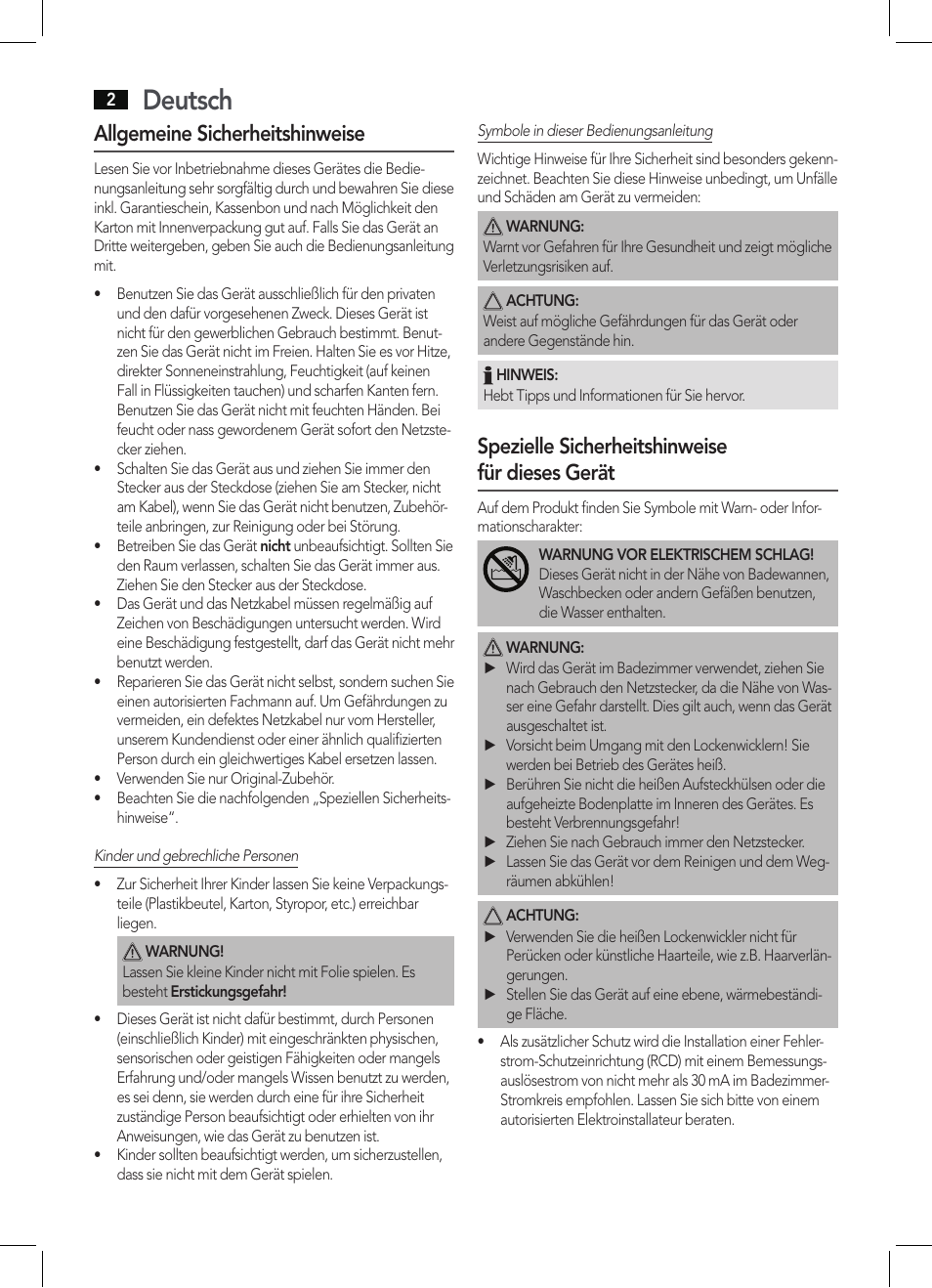 Deutsch, Allgemeine sicherheitshinweise, Spezielle sicherheitshinweise für dieses gerät | AEG LW 5583 User Manual | Page 2 / 36
