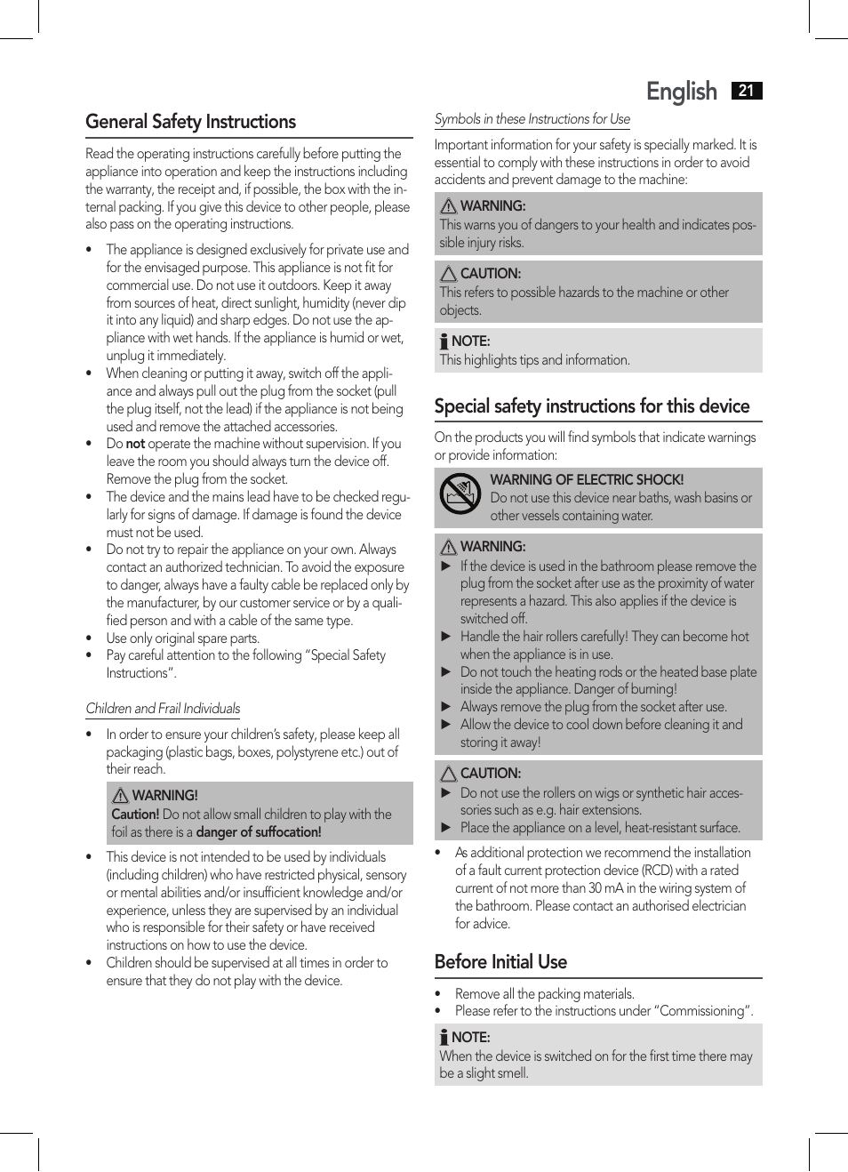 English, General safety instructions, Special safety instructions for this device | Before initial use | AEG LW 5583 User Manual | Page 21 / 36