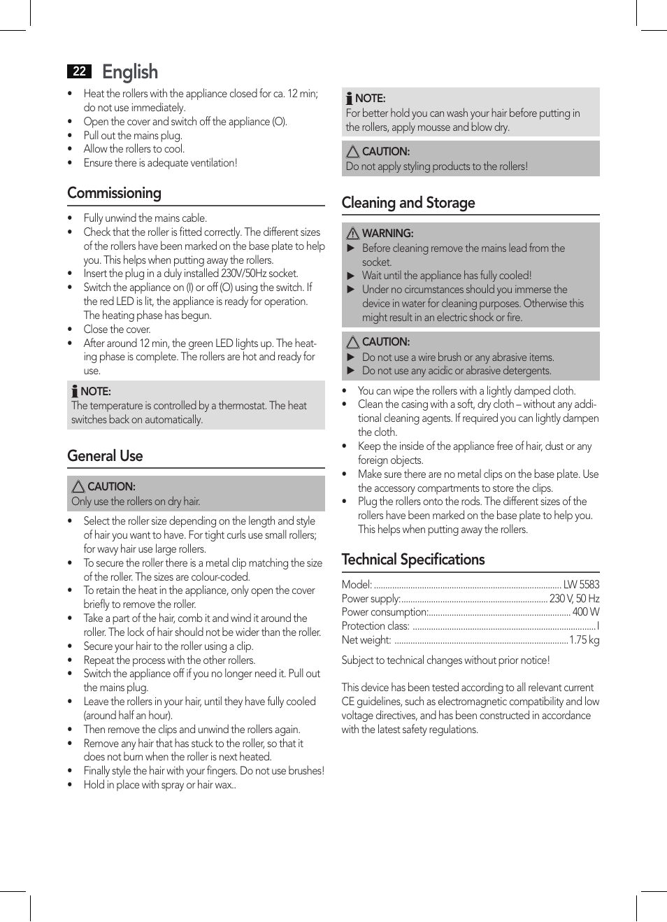 English, Commissioning, General use | Cleaning and storage, Technical specifications | AEG LW 5583 User Manual | Page 22 / 36