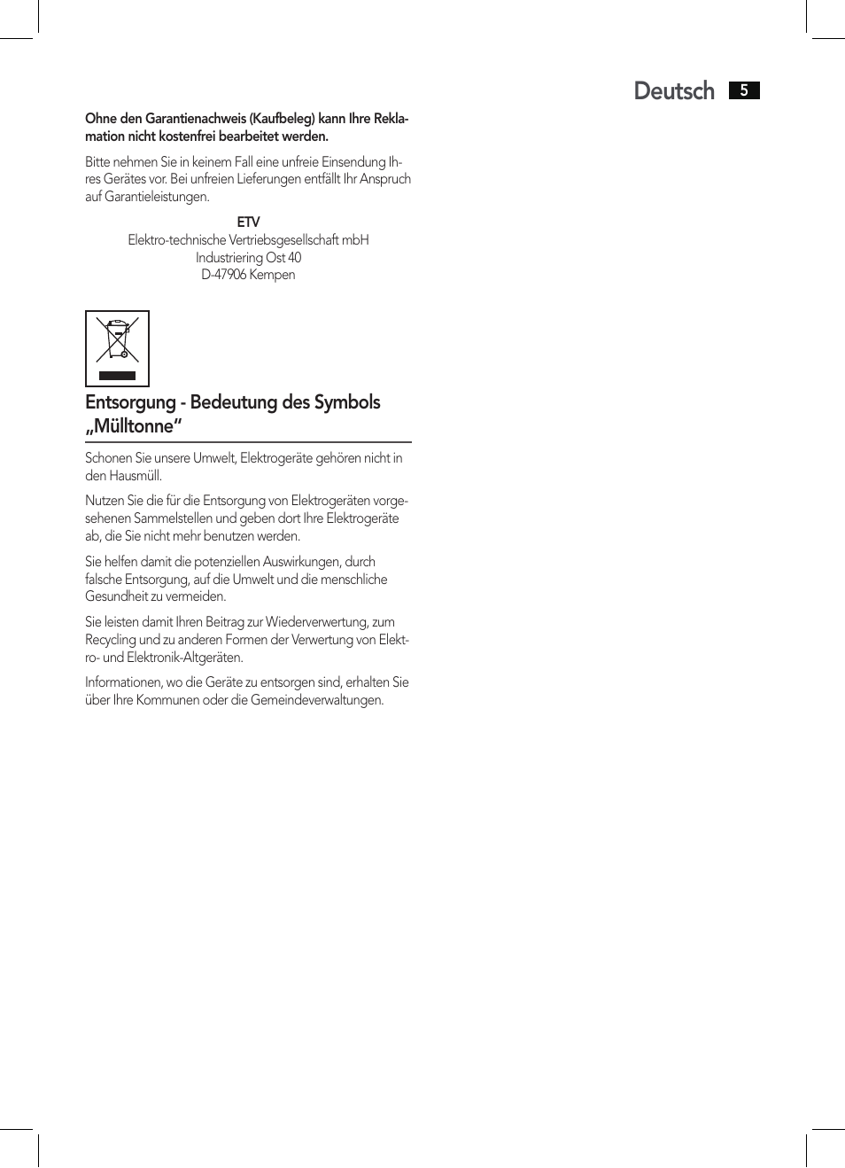 Deutsch, Entsorgung - bedeutung des symbols „mülltonne | AEG LW 5583 User Manual | Page 5 / 36