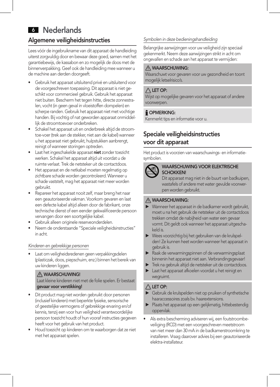 Nederlands, Algemene veiligheidsinstructies, Speciale veiligheidsinstructies voor dit apparaat | AEG LW 5583 User Manual | Page 6 / 36