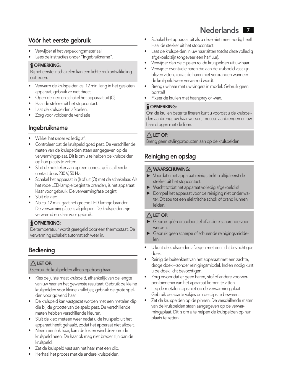 Nederlands, Vóór het eerste gebruik, Ingebruikname | Bediening, Reiniging en opslag | AEG LW 5583 User Manual | Page 7 / 36