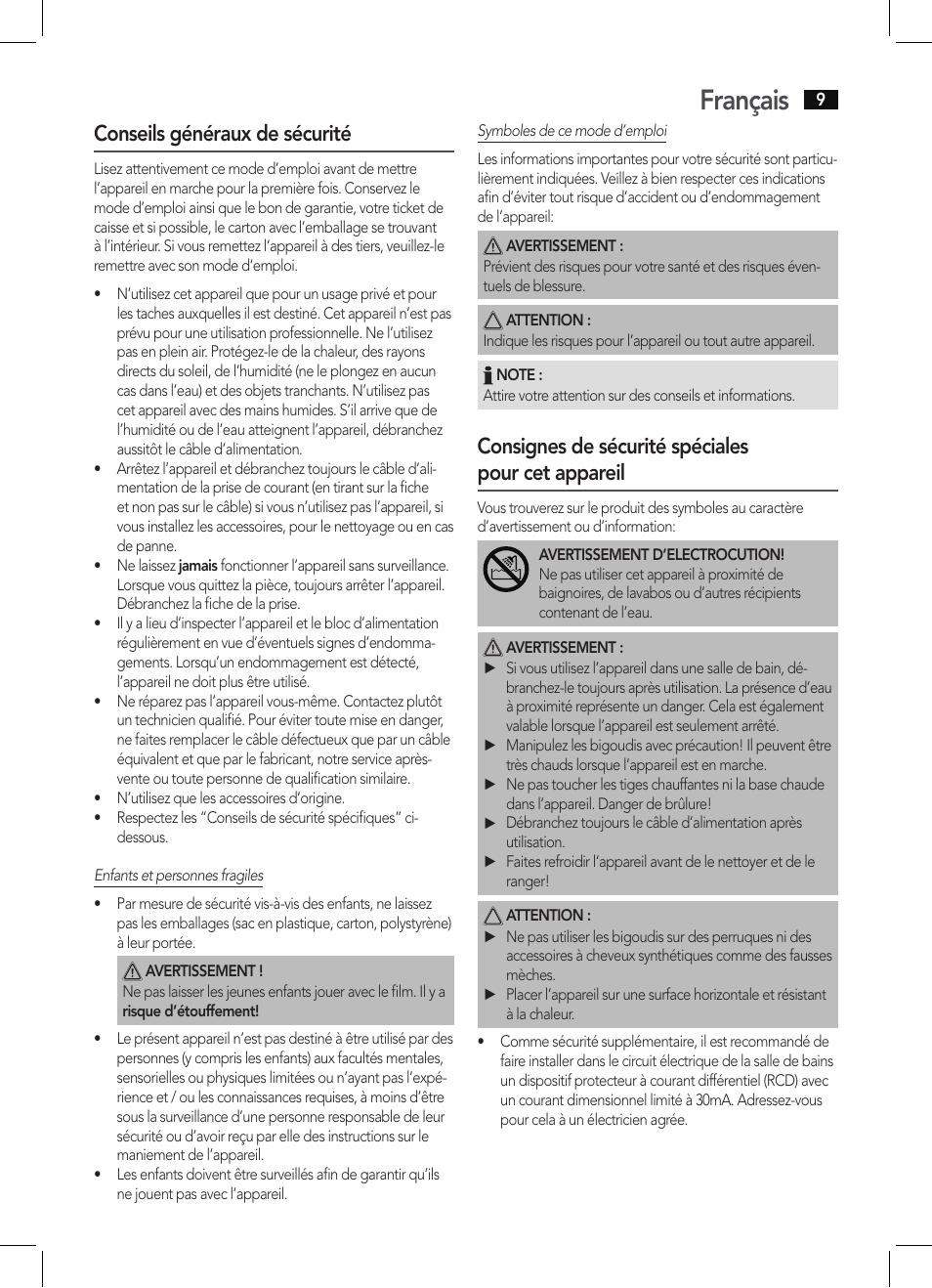 Français, Conseils généraux de sécurité, Consignes de sécurité spéciales pour cet appareil | AEG LW 5583 User Manual | Page 9 / 36