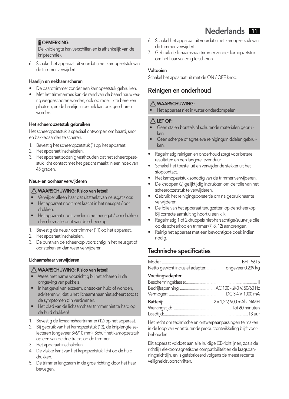 Nederlands, Reinigen en onderhoud, Technische specificaties | AEG BHT 5615 User Manual | Page 11 / 50