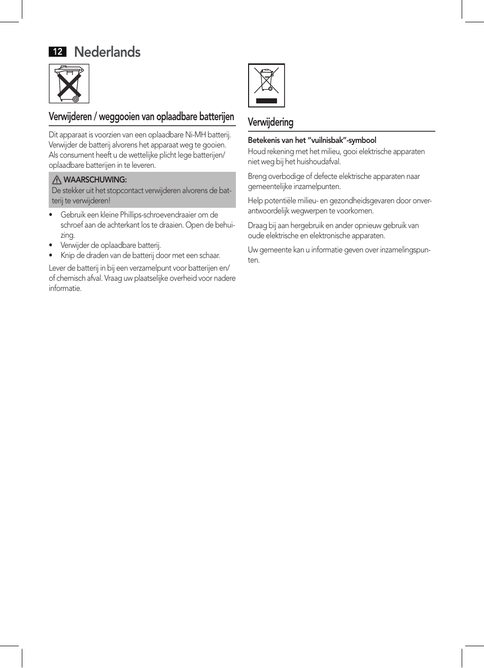 Nederlands, Verwijderen / weggooien van oplaadbare batterijen, Verwijdering | AEG BHT 5615 User Manual | Page 12 / 50