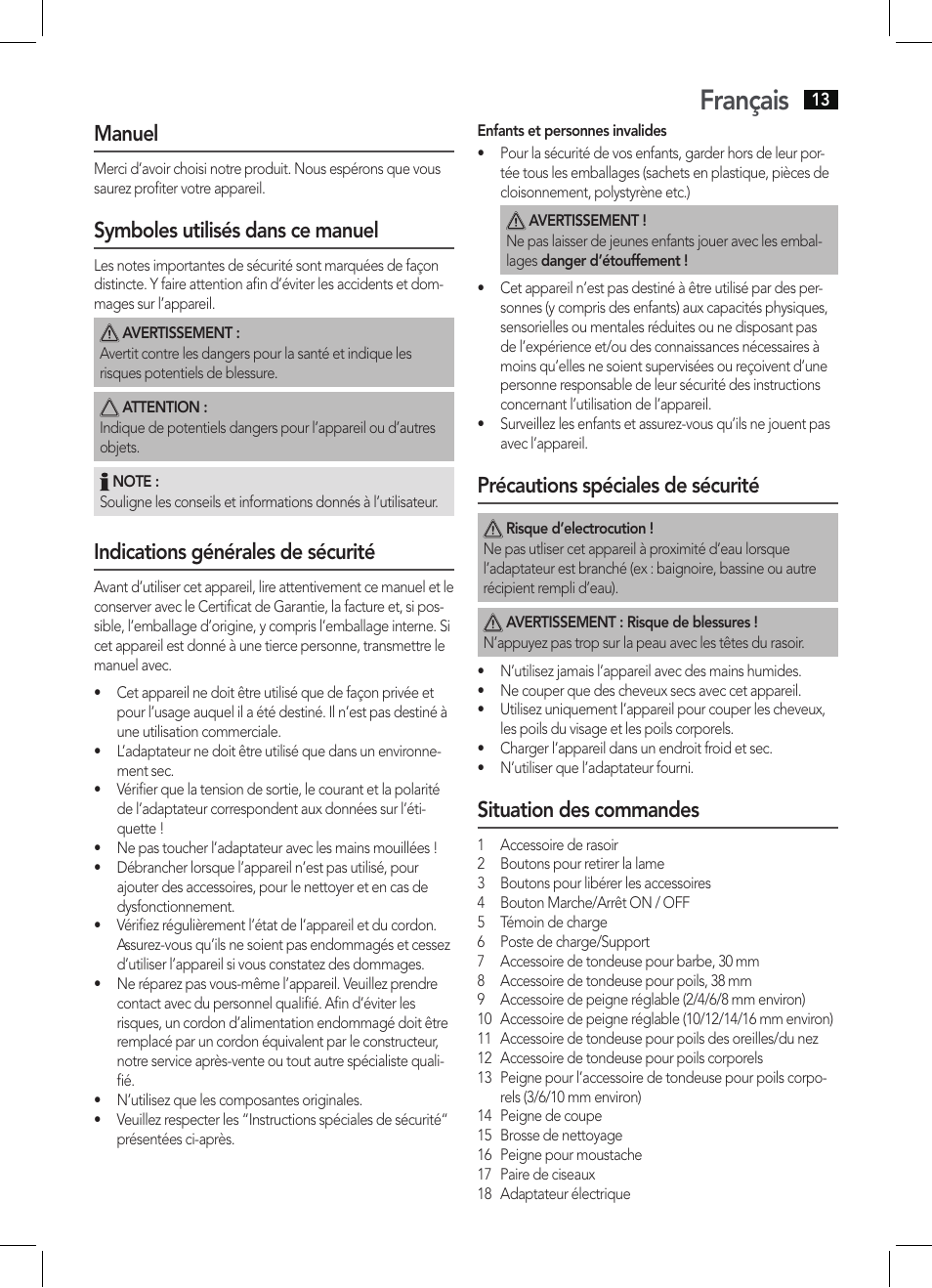 Français, Manuel, Symboles utilisés dans ce manuel | Indications générales de sécurité, Précautions spéciales de sécurité, Situation des commandes | AEG BHT 5615 User Manual | Page 13 / 50