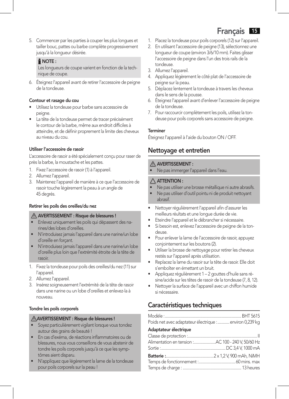 Français, Nettoyage et entretien, Caractéristiques techniques | AEG BHT 5615 User Manual | Page 15 / 50