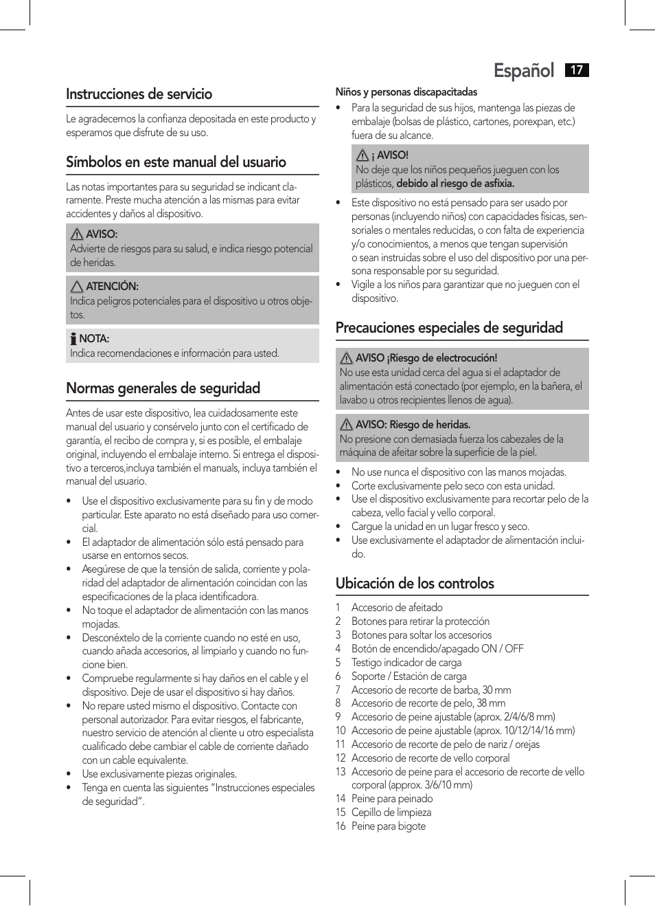 Español, Instrucciones de servicio, Símbolos en este manual del usuario | Normas generales de seguridad, Precauciones especiales de seguridad, Ubicación de los controlos | AEG BHT 5615 User Manual | Page 17 / 50