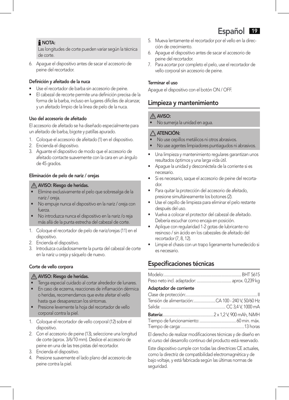 Español, Limpieza y mantenimiento, Especificaciones técnicas | AEG BHT 5615 User Manual | Page 19 / 50