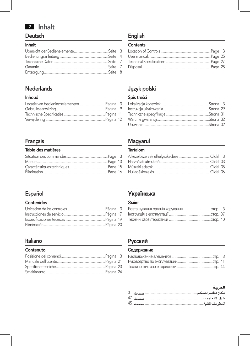 Inhalt, Deutsch, Nederlands | Français, Español, Italiano, English, Język polski, Magyarul, Українська | AEG BHT 5615 User Manual | Page 2 / 50