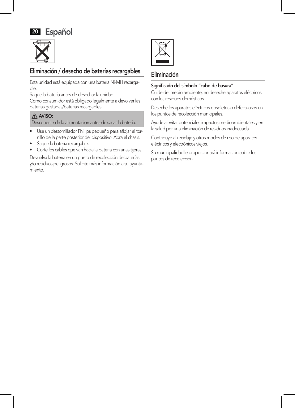 Español, Eliminación / desecho de baterías recargables, Eliminación | AEG BHT 5615 User Manual | Page 20 / 50