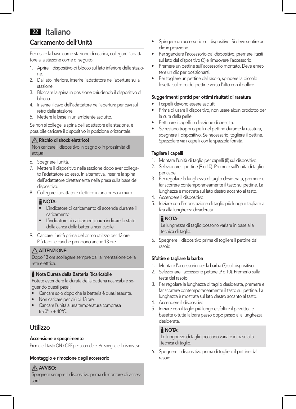 Italiano, Caricamento dell’unità, Utilizzo | AEG BHT 5615 User Manual | Page 22 / 50
