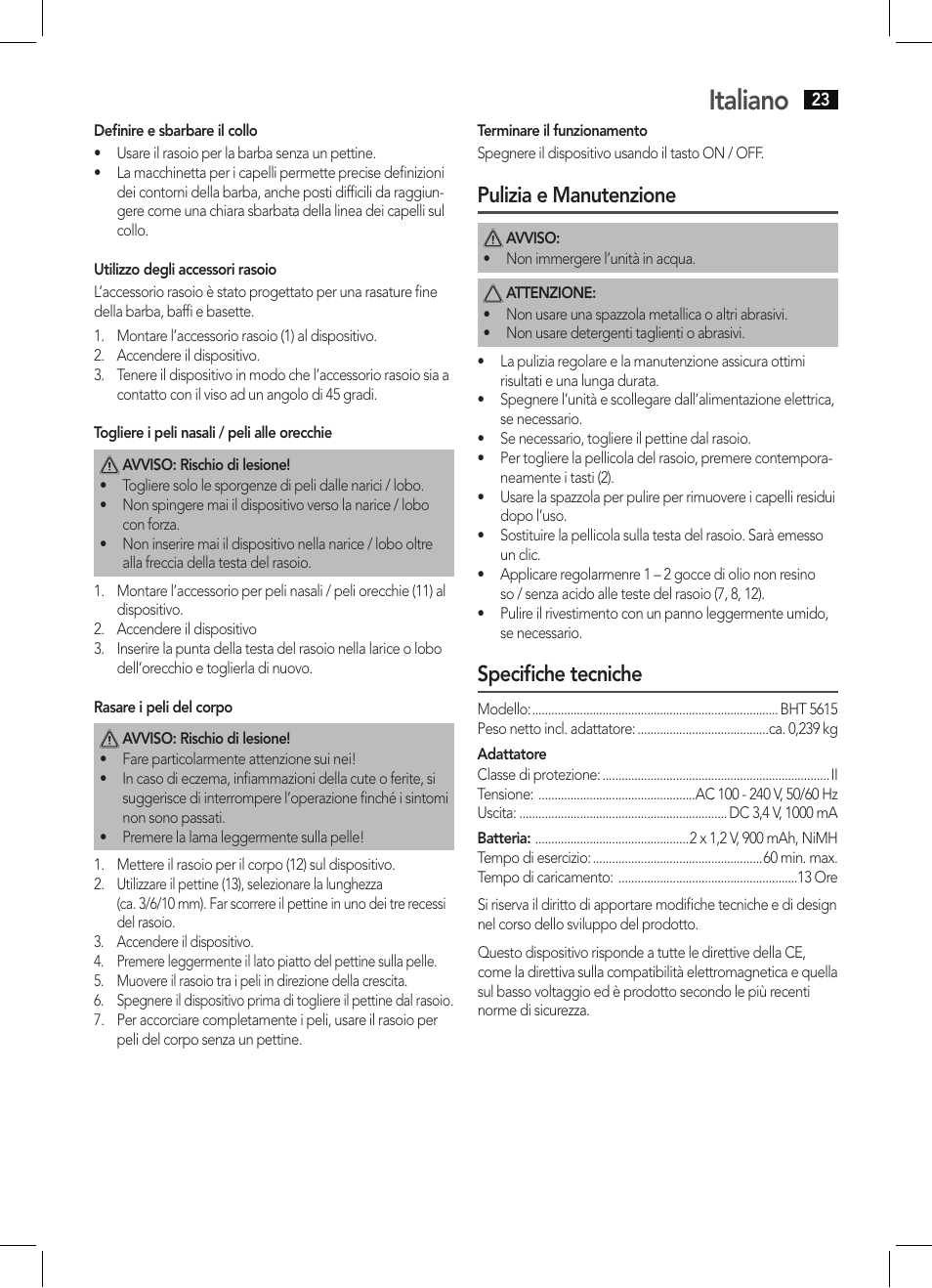 Italiano, Pulizia e manutenzione, Specifiche tecniche | AEG BHT 5615 User Manual | Page 23 / 50