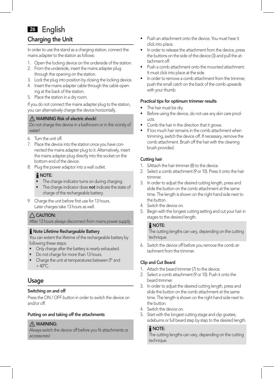 English, Charging the unit, Usage | AEG BHT 5615 User Manual | Page 26 / 50