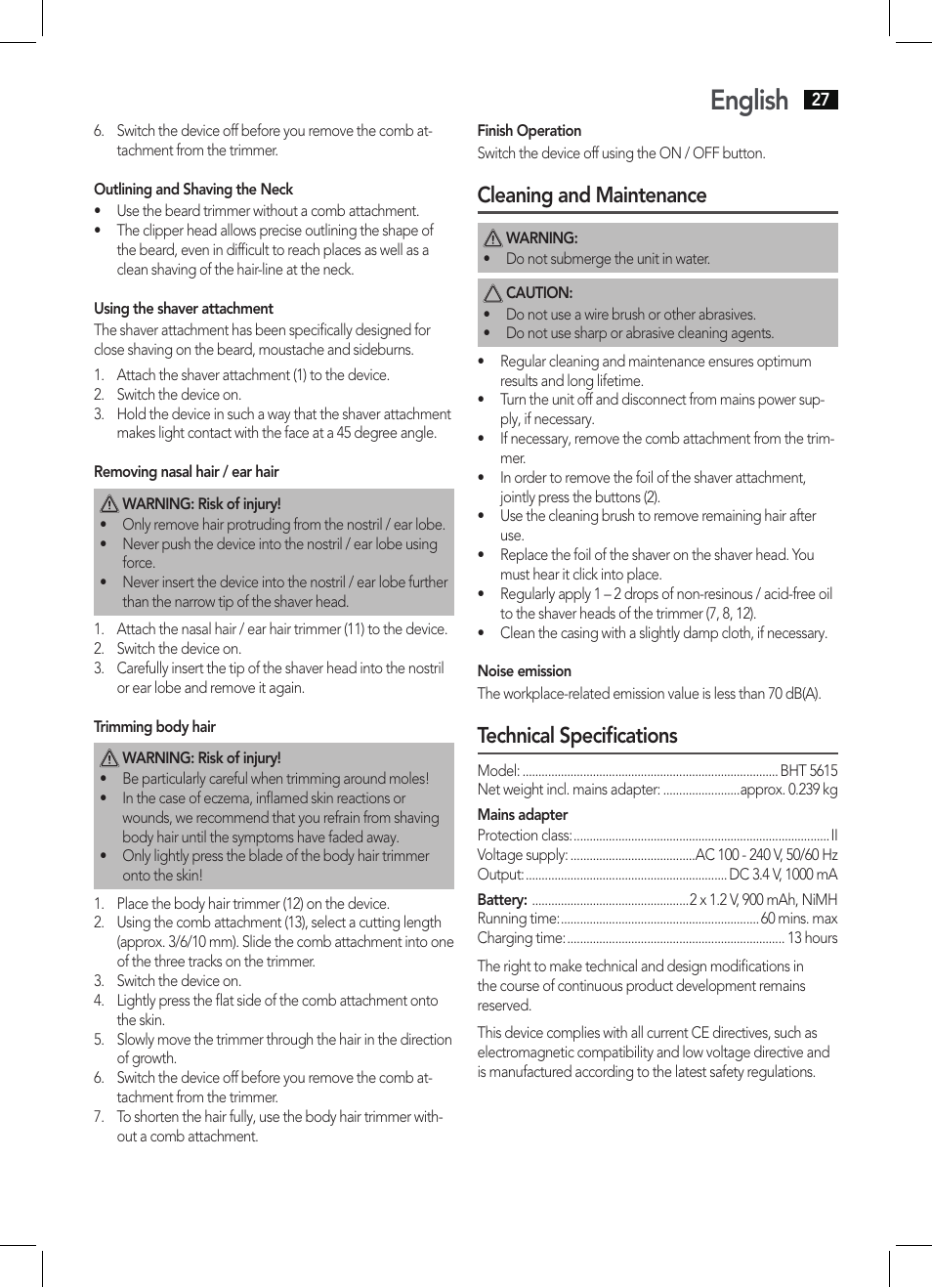 English, Cleaning and maintenance, Technical specifications | AEG BHT 5615 User Manual | Page 27 / 50