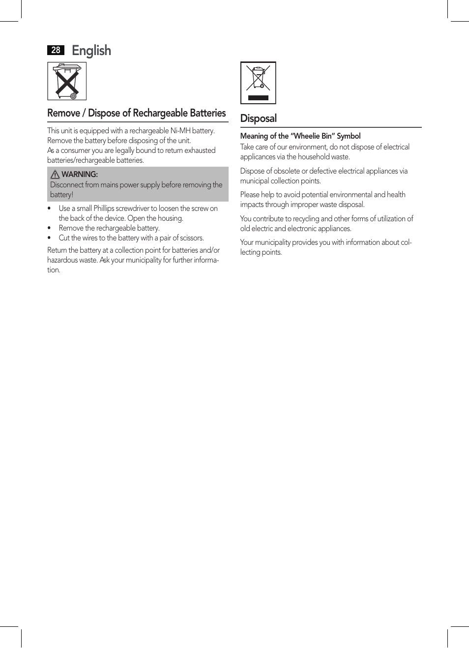 English, Remove / dispose of rechargeable batteries, Disposal | AEG BHT 5615 User Manual | Page 28 / 50