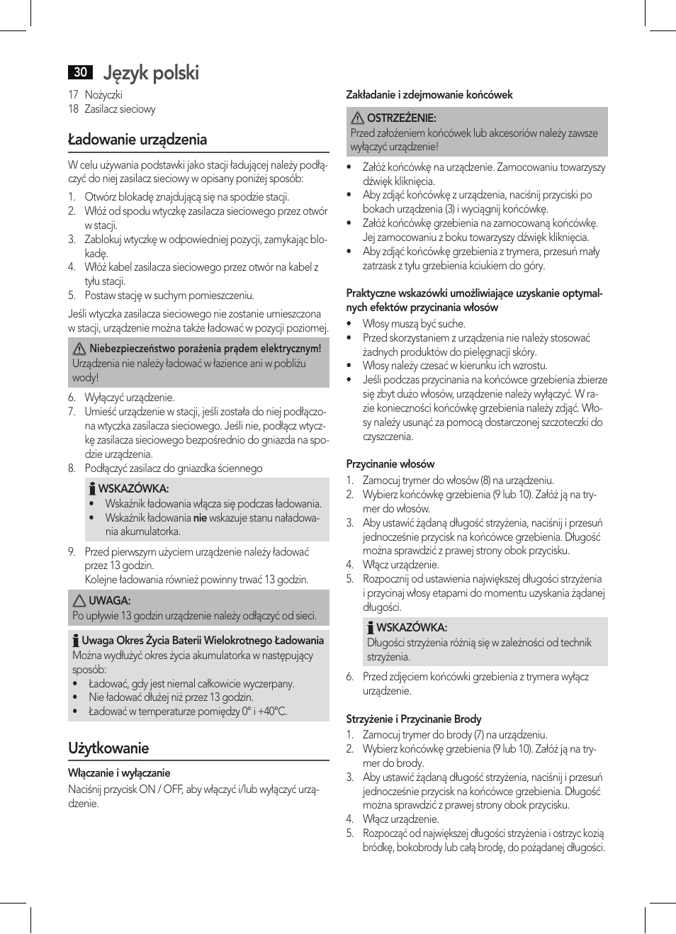 Język polski, Ładowanie urządzenia, Użytkowanie | AEG BHT 5615 User Manual | Page 30 / 50