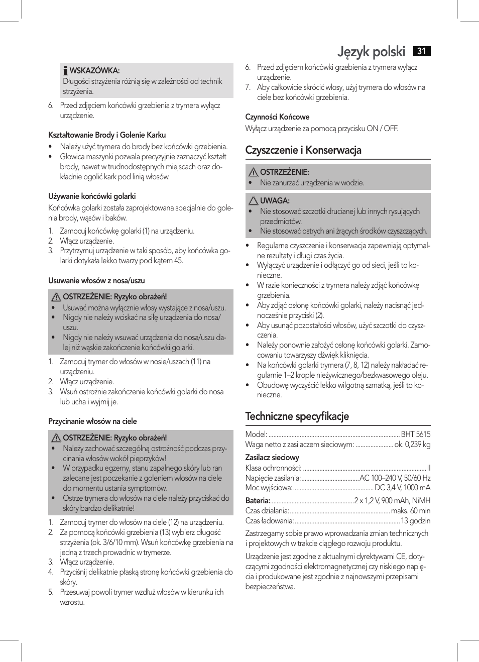 Język polski, Czyszczenie i konserwacja, Techniczne specyfikacje | AEG BHT 5615 User Manual | Page 31 / 50