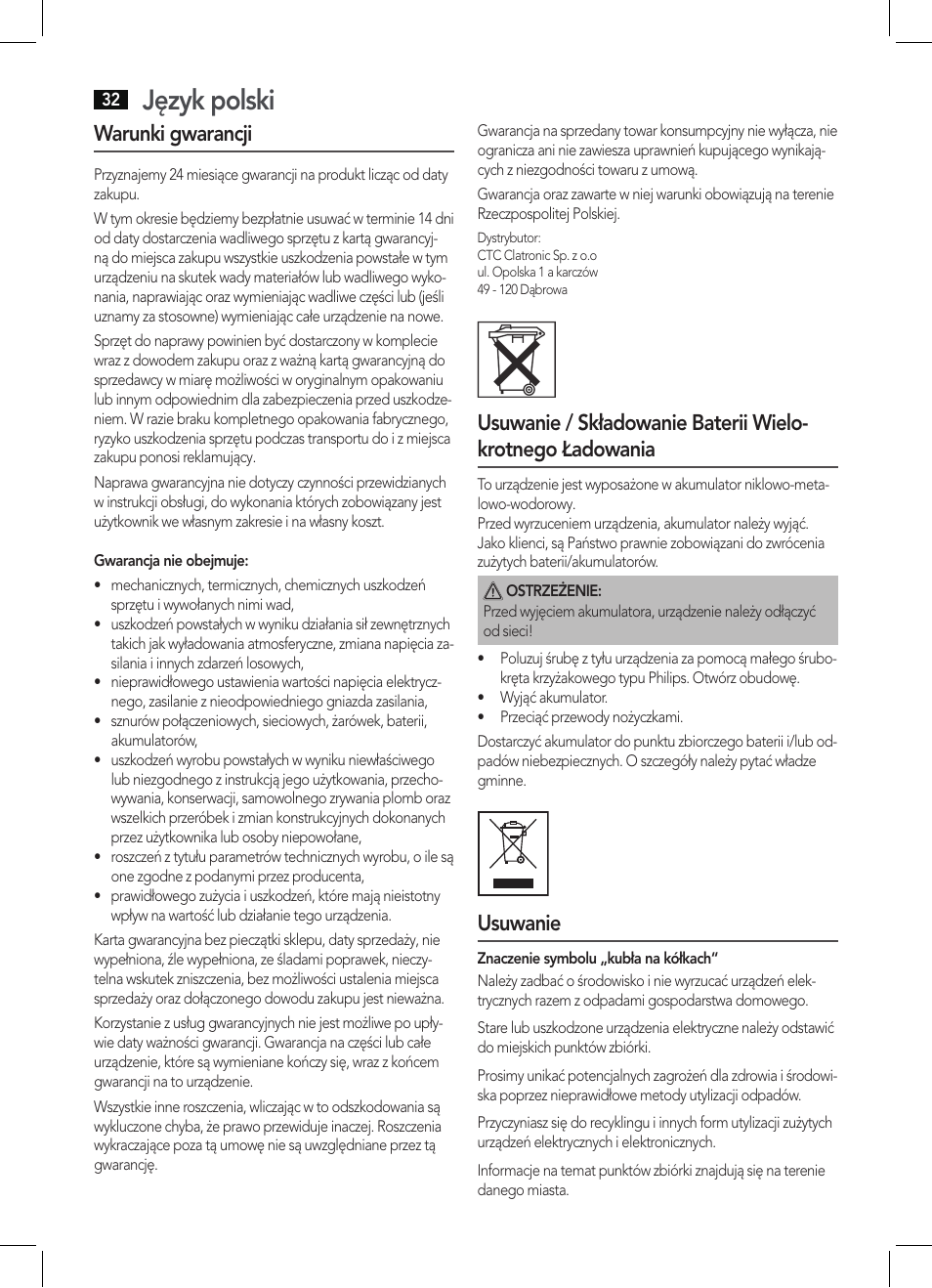 Język polski, Warunki gwarancji, Usuwanie | AEG BHT 5615 User Manual | Page 32 / 50