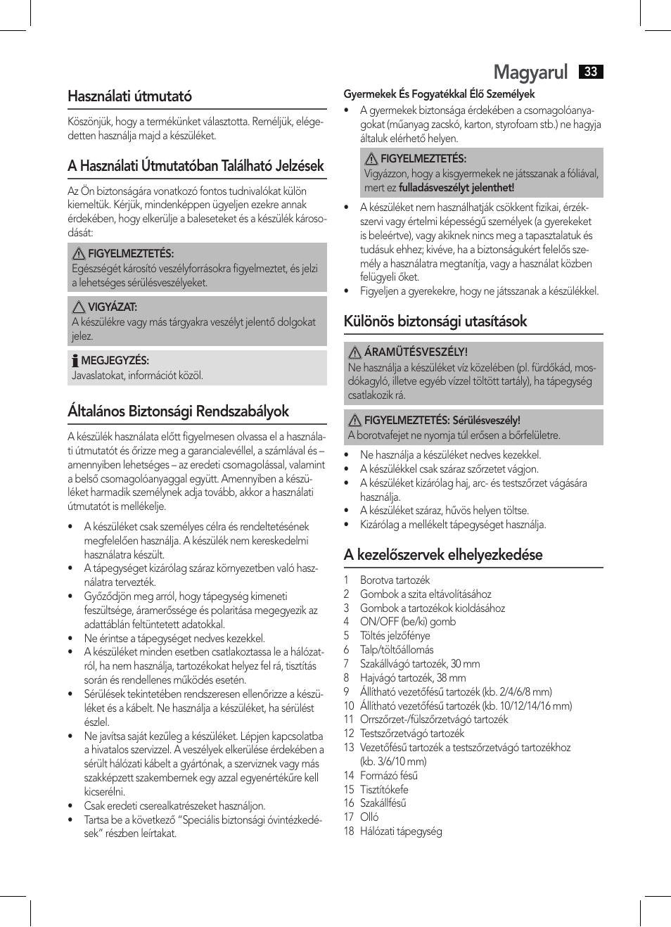 Magyarul, Használati útmutató, A használati útmutatóban található jelzések | Általános biztonsági rendszabályok, Különös biztonsági utasítások, A kezelőszervek elhelyezkedése | AEG BHT 5615 User Manual | Page 33 / 50