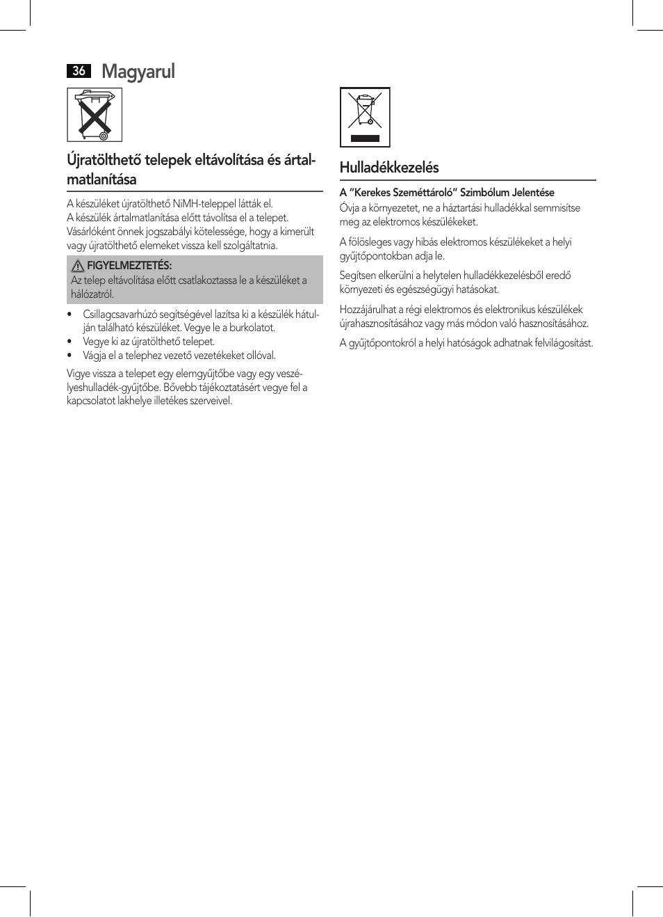 Magyarul, Hulladékkezelés | AEG BHT 5615 User Manual | Page 36 / 50