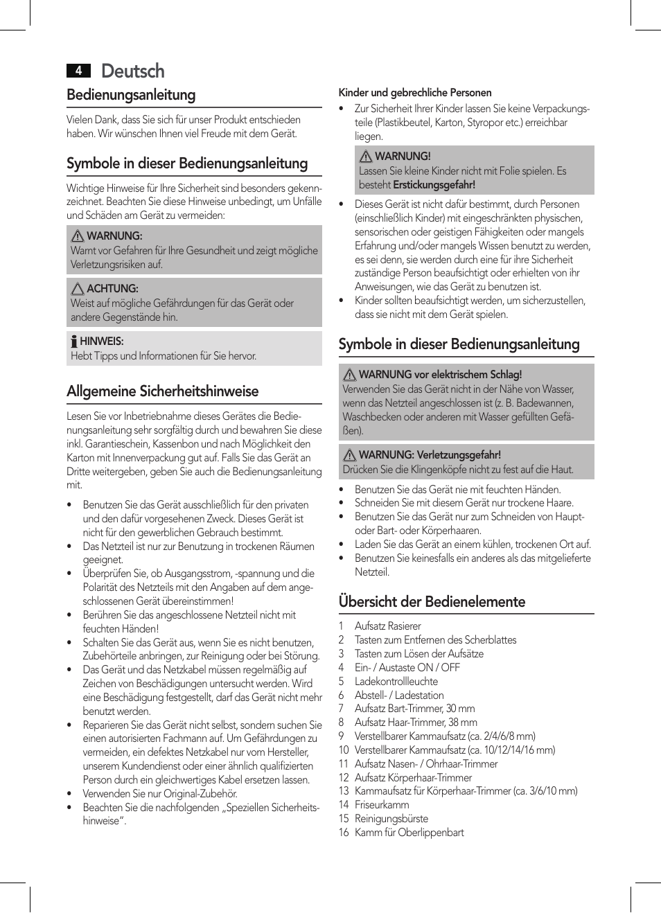 Deutsch, Bedienungsanleitung, Symbole in dieser bedienungsanleitung | Allgemeine sicherheitshinweise, Übersicht der bedienelemente | AEG BHT 5615 User Manual | Page 4 / 50