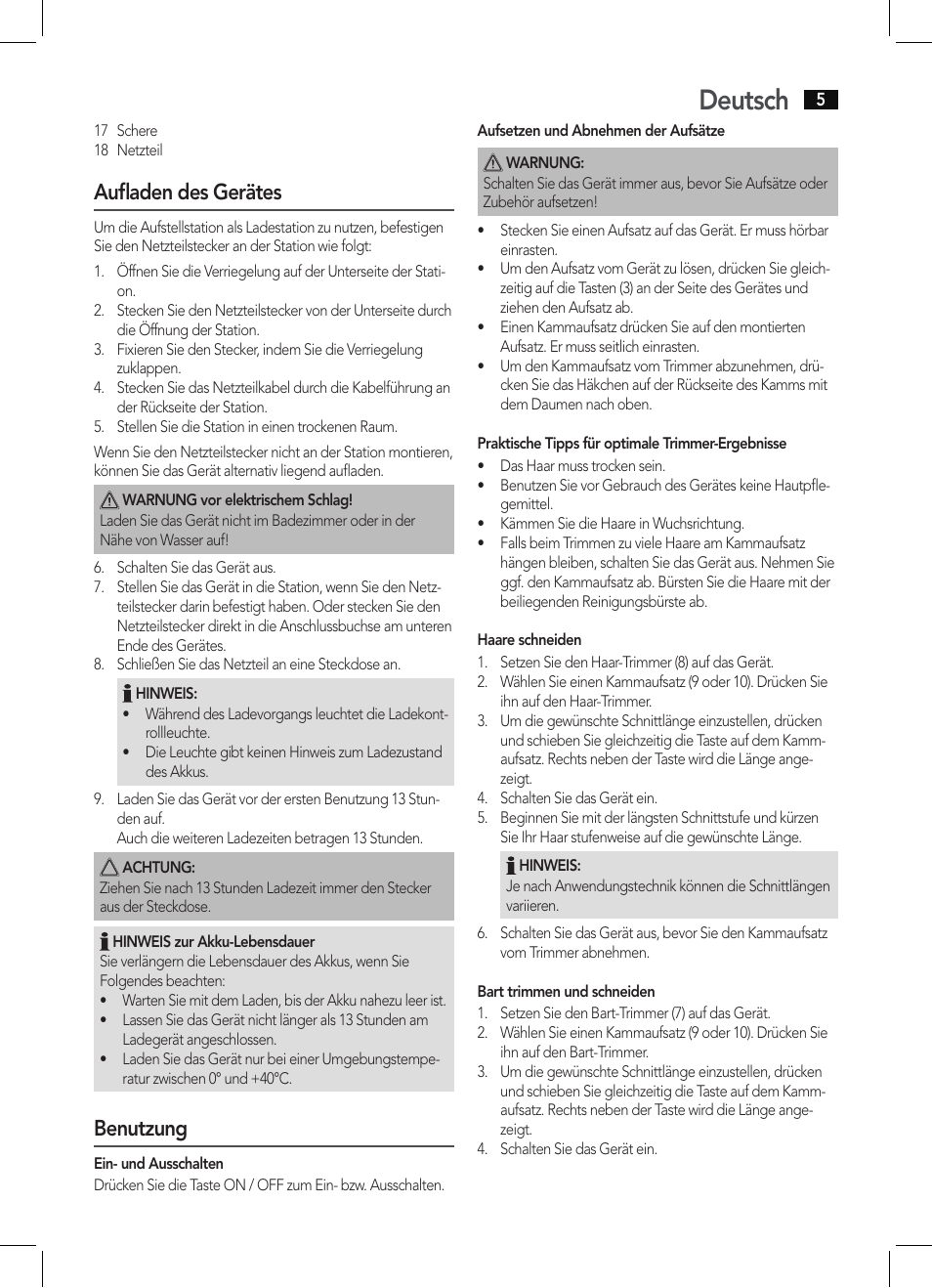 Deutsch, Aufladen des gerätes, Benutzung | AEG BHT 5615 User Manual | Page 5 / 50
