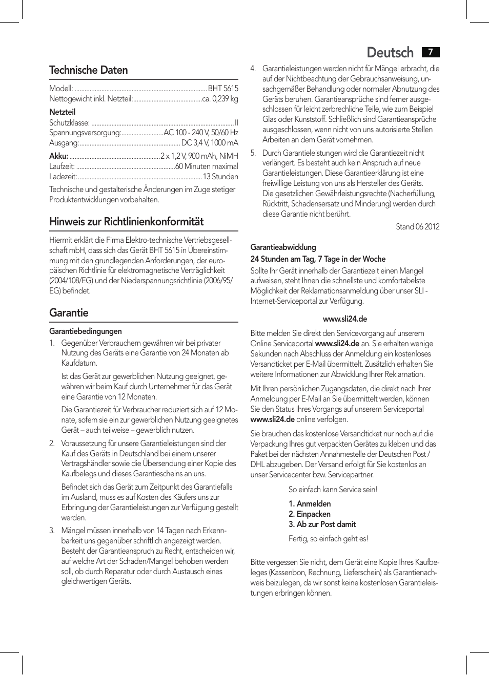 Deutsch, Technische daten, Hinweis zur richtlinienkonformität | Garantie | AEG BHT 5615 User Manual | Page 7 / 50