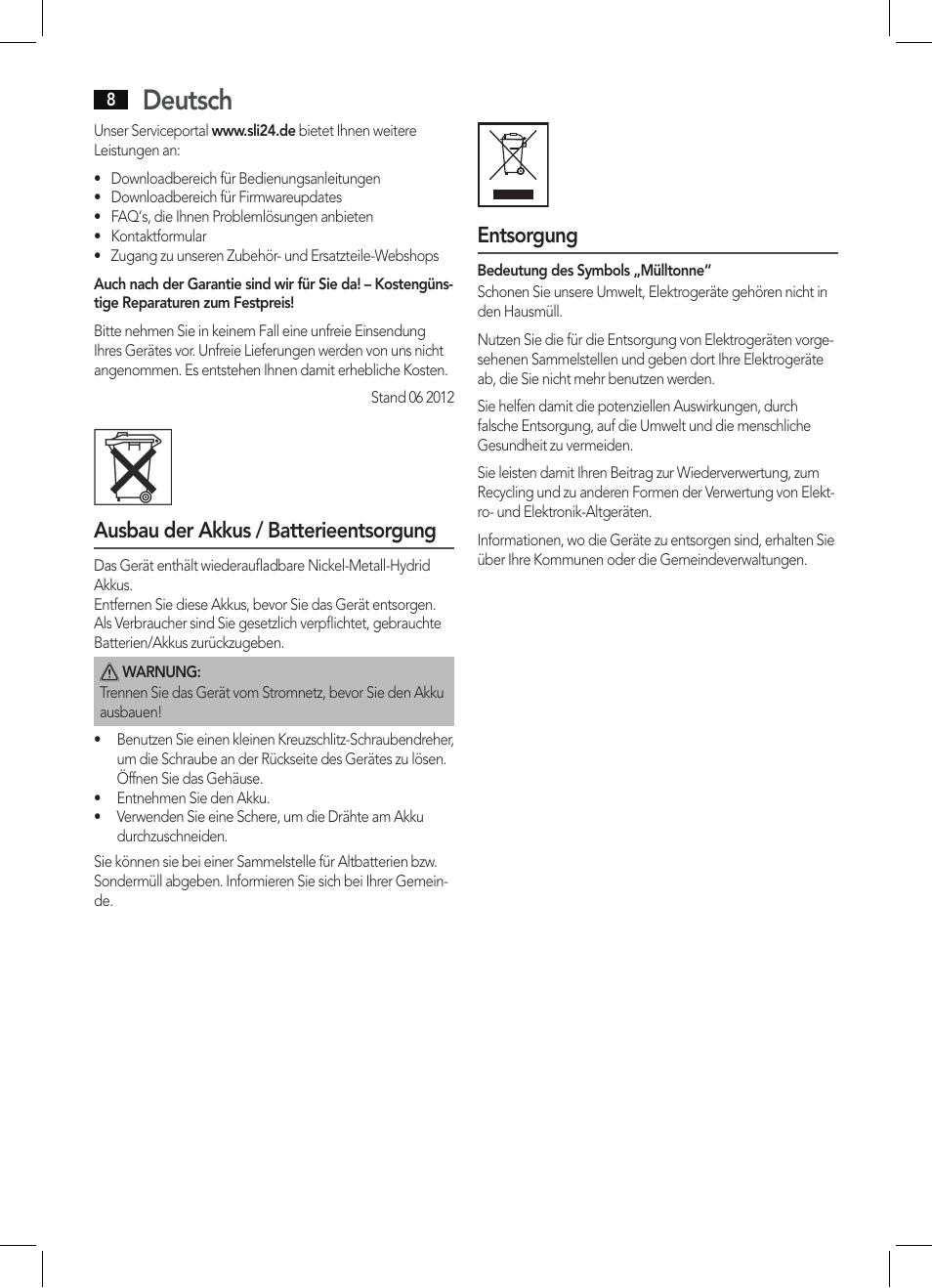 Deutsch, Ausbau der akkus / batterieentsorgung, Entsorgung | AEG BHT 5615 User Manual | Page 8 / 50