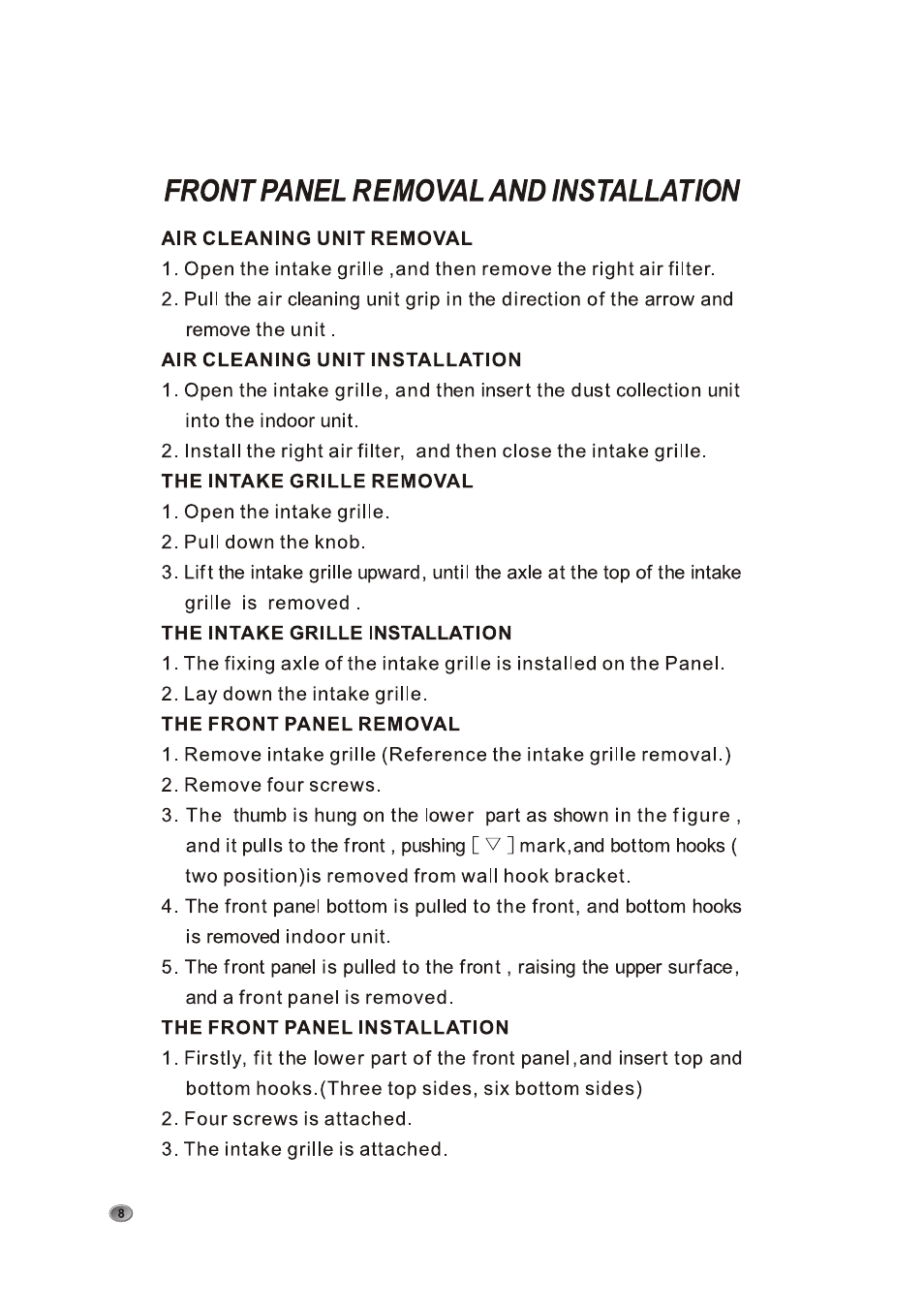 Front panel removal and installation, Air cleaning unit removal, Air cleaning unit installation | The intake grille removal, The intake grille installation, The front panel removal, The front panel installation, Front panel removaland installation | Amcor AOM 183HX User Manual | Page 12 / 28