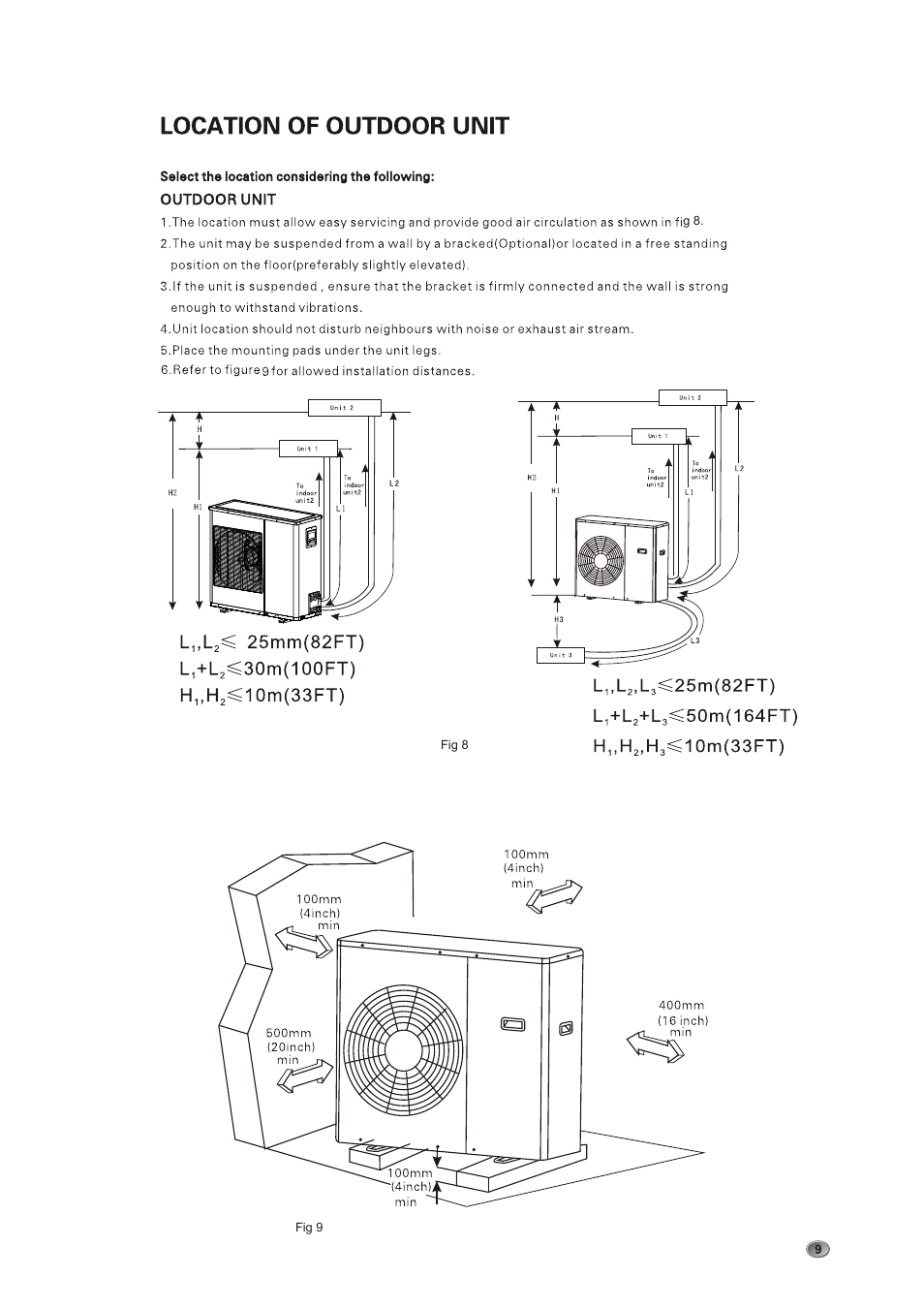 L,+l2^30m(100ft), H„h2^10m(33ft), Location of outdoor unit | 25mm(82ft) | Amcor AOM 183HX User Manual | Page 13 / 28